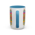 Colorful mandala mug featuring intricate art in vibrant colors on a grey background