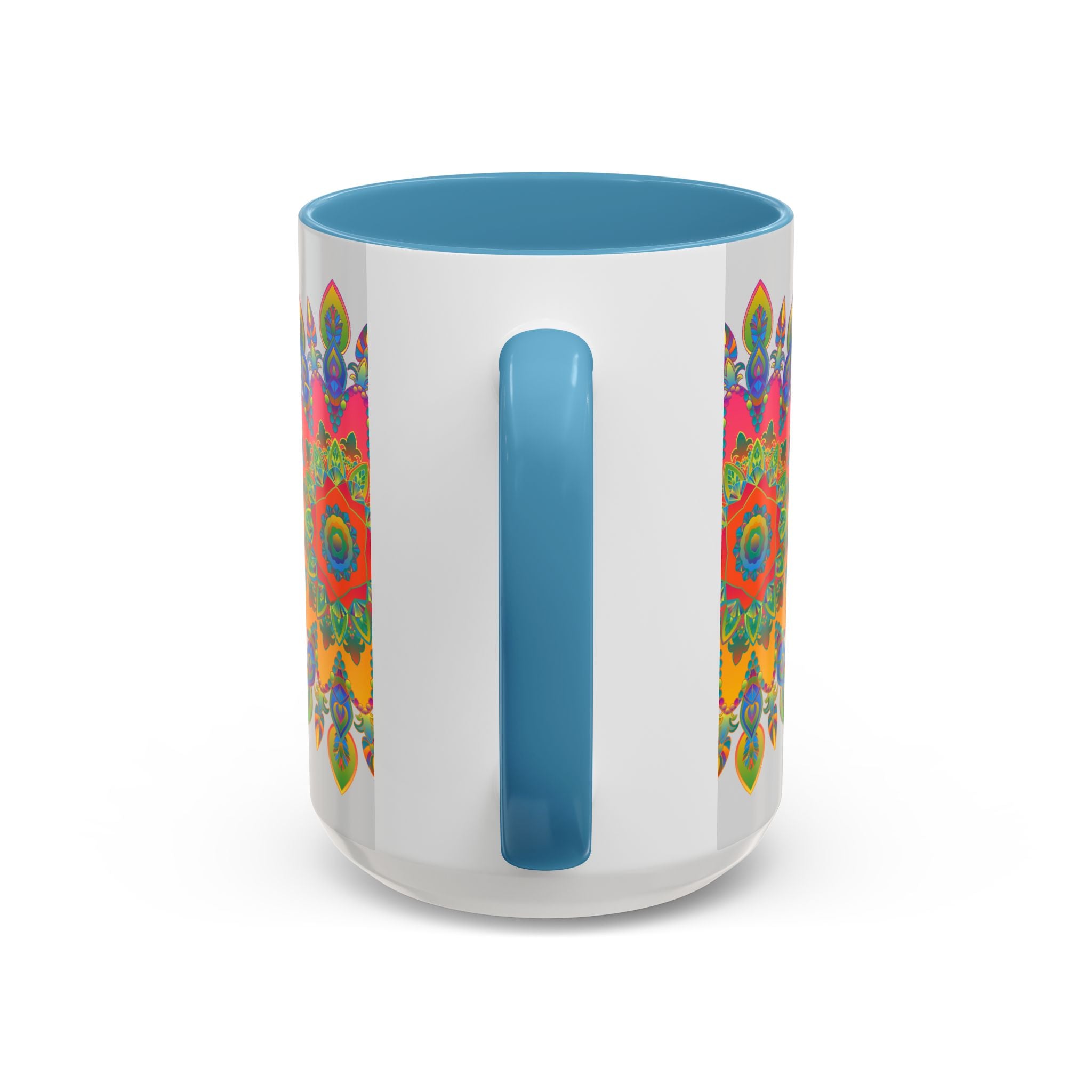 Colorful mandala mug featuring intricate art in vibrant colors on a grey background