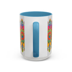 Colorful mandala mug featuring intricate art in vibrant colors on a grey background