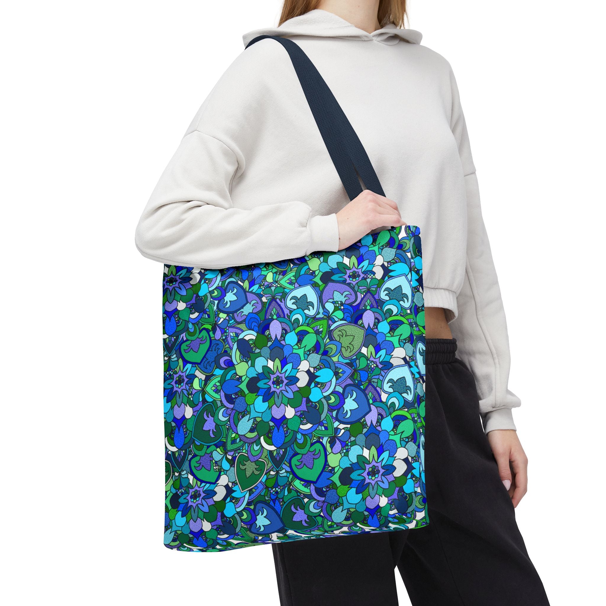 Borsa tote con stampa mandala floreale blu-verde — Shopper con stampa integrale vivace