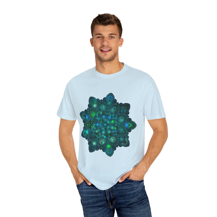 Beautiful unisex t-shirt featuring an intricate blue and green mandala design