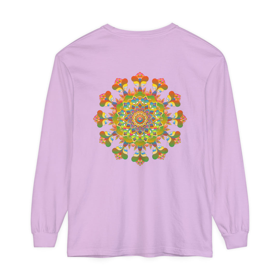 Vibrant long sleeve t-shirt featuring a colorful mandala design, perfect for adding a pop of artful style to your wardrobe