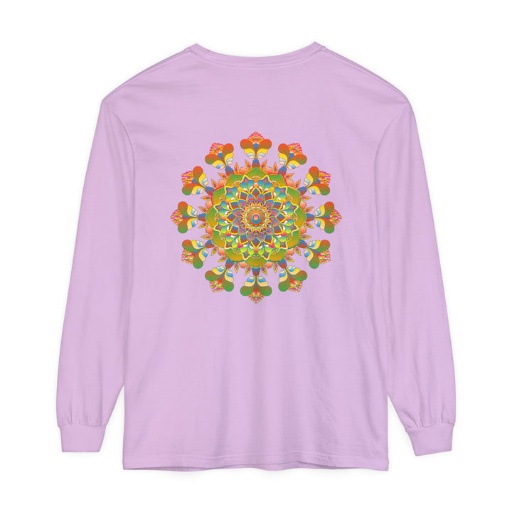 Vibrant long sleeve t-shirt featuring a colorful mandala design, perfect for adding a pop of artful style to your wardrobe