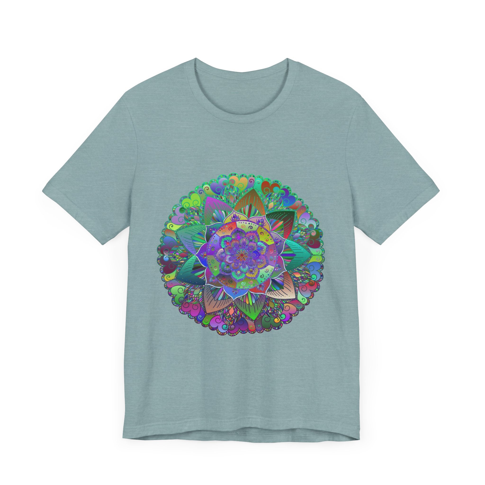 Vibrant Mandala Tee featuring colorful and psychedelic design in a variety of hues and patterns, perfect for adding a pop of color to your wardrobe