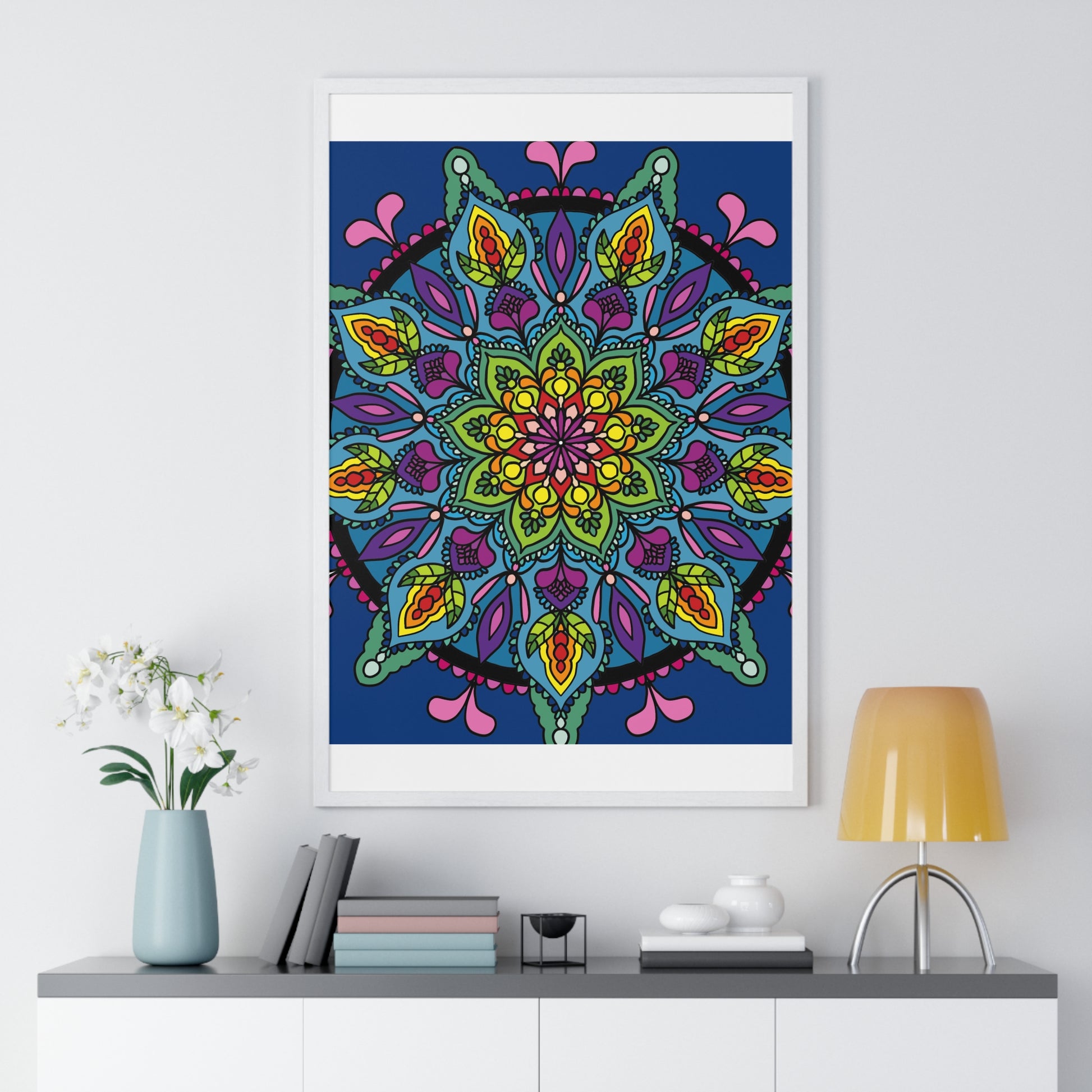 Beautiful blue mandala art, meticulously hand-drawn, framed and perfect for mindfulness and yoga practices