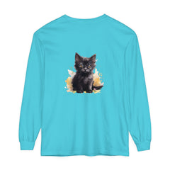 Black Kitten Watercolor Splash T-Shirt with cute kitten design and vibrant watercolor detail on a black background