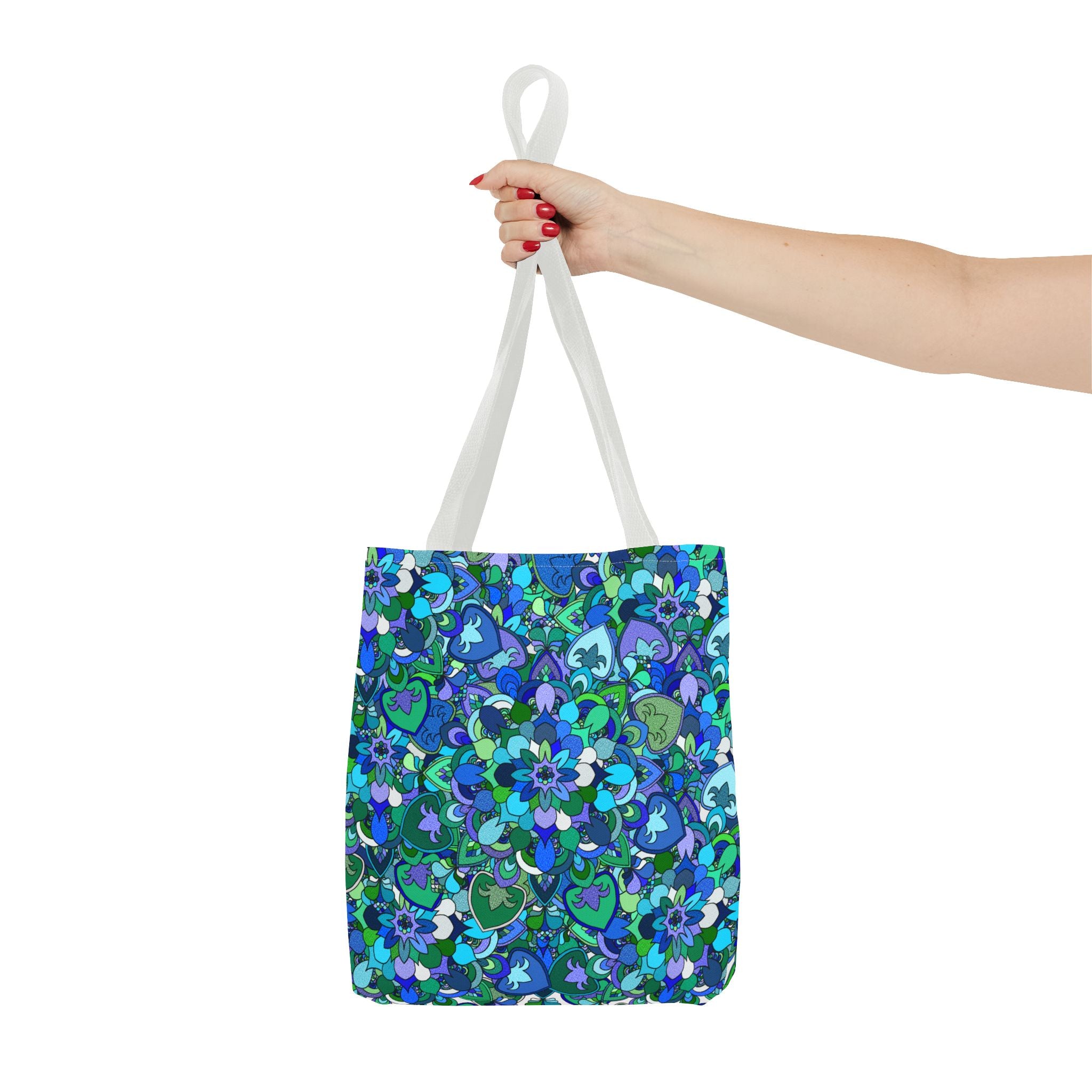 Borsa tote con stampa mandala floreale blu-verde — Shopper con stampa integrale vivace