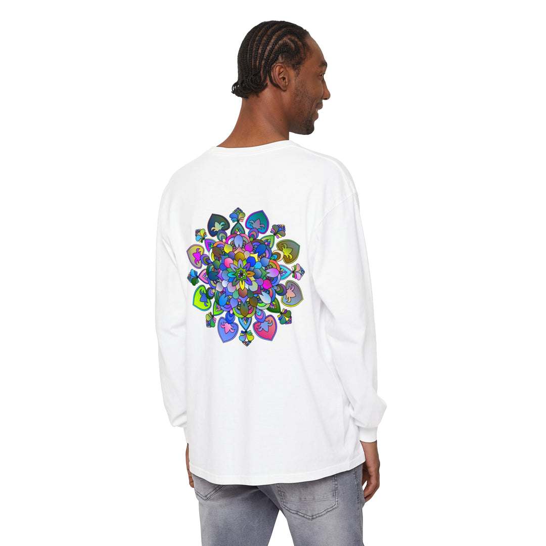 Colorful and intricate mandala design on a relaxed fit, long sleeve t-shirt