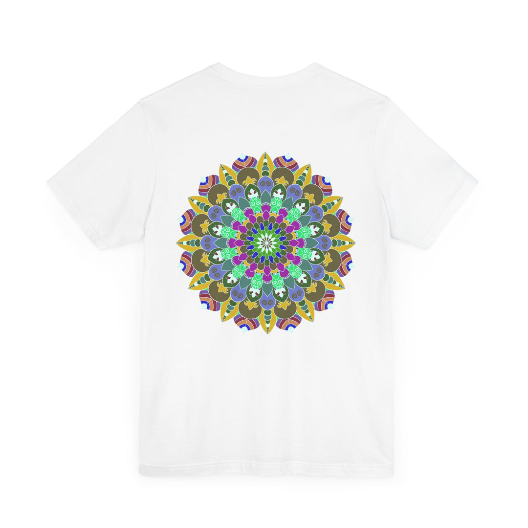 Vibrant Mandala Tee - Spiritual Peace & Harmony, a colorful and intricately designed t-shirt depicting a mandala symbol for inner peace and spiritual balance