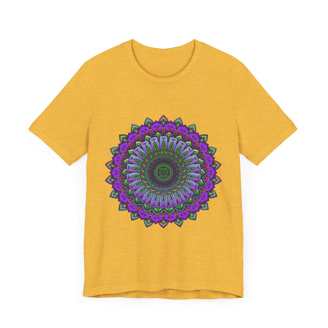 Stunning purple and green mandala tee with intricate design, perfect for bohemian fashion lovers and yoga enthusiasts