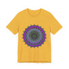 Stunning purple and green mandala tee with intricate design, perfect for bohemian fashion lovers and yoga enthusiasts