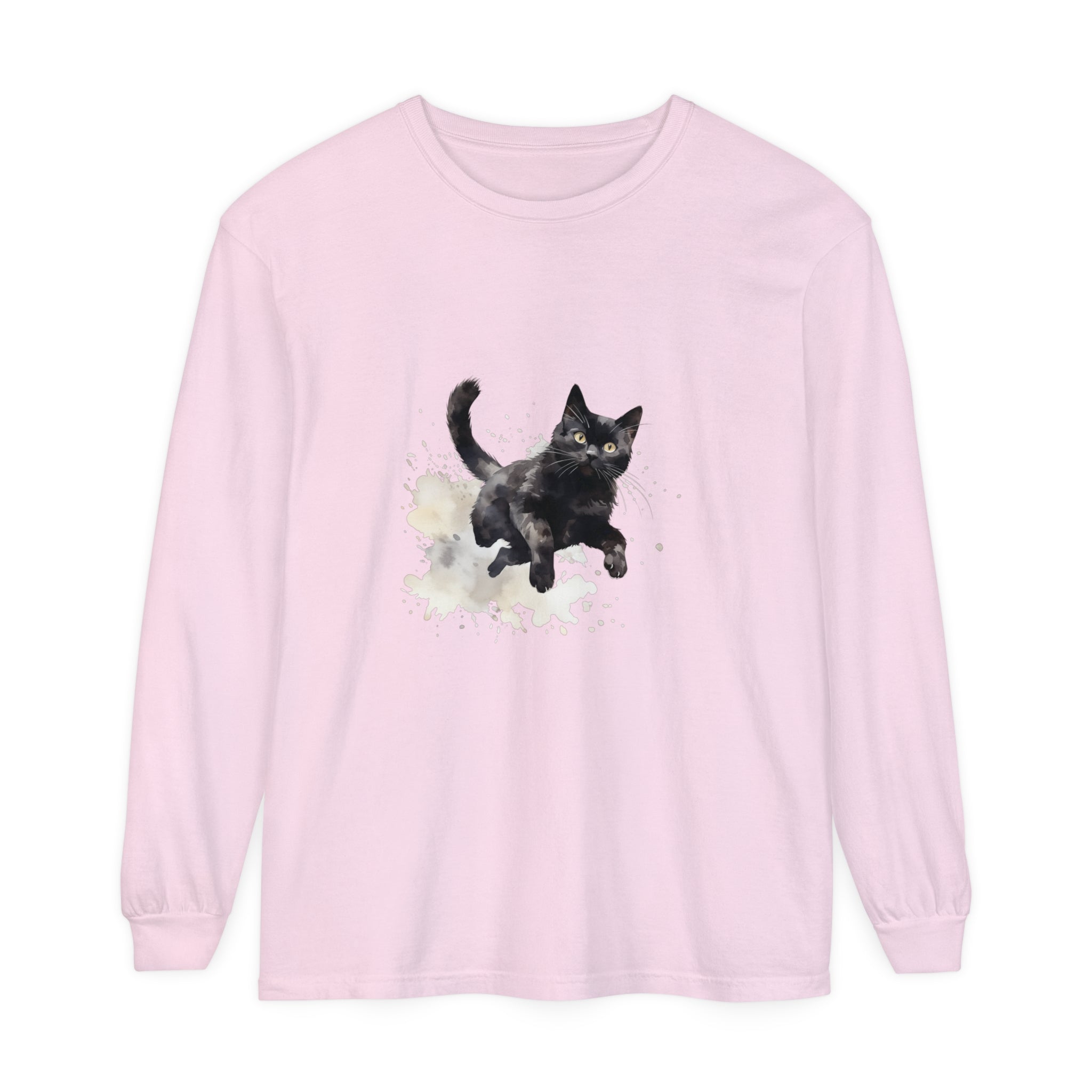 A vibrant and eye-catching watercolor splash t-shirt featuring a black cat design