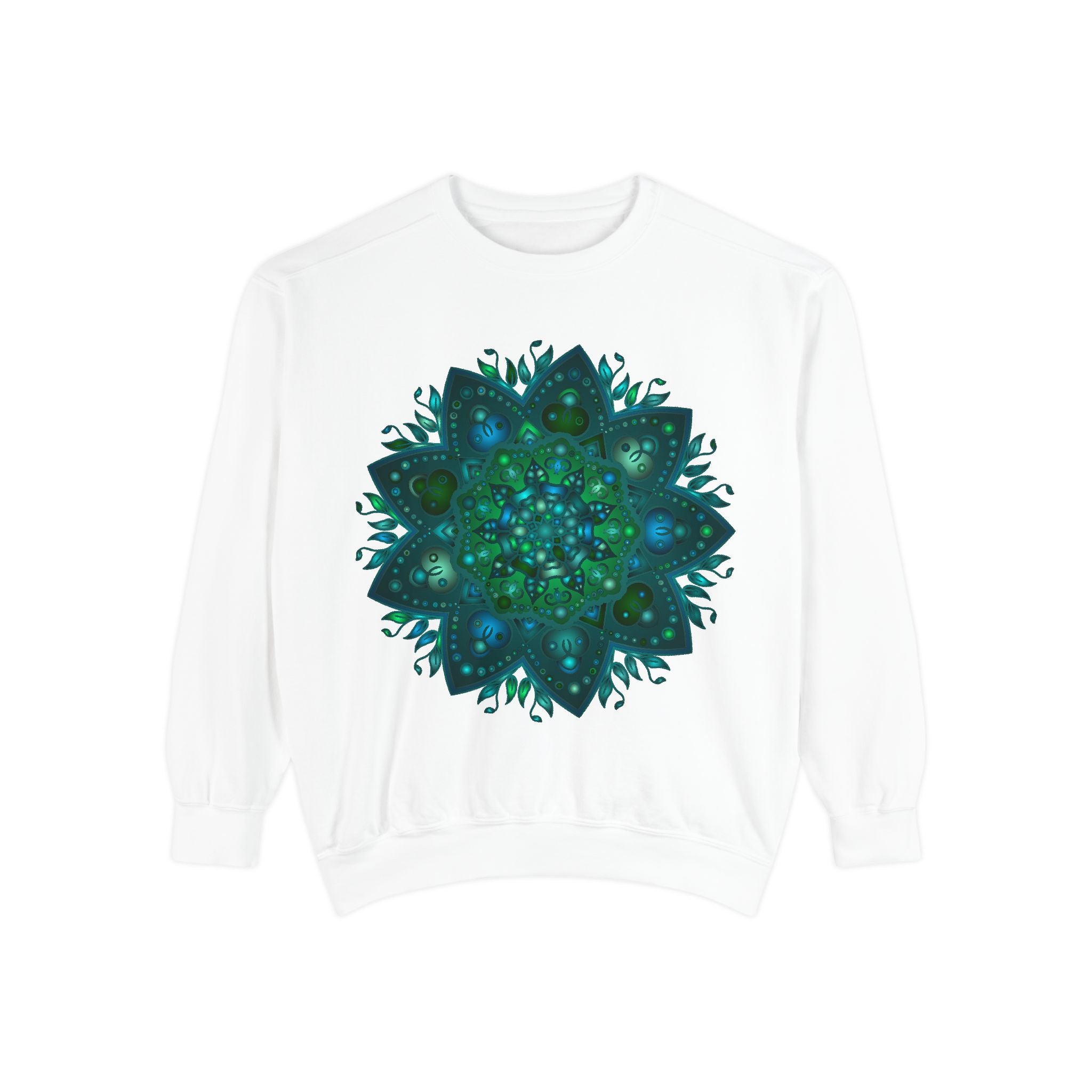 Teal and blue mandala sweatshirt with intricate and detailed design pattern