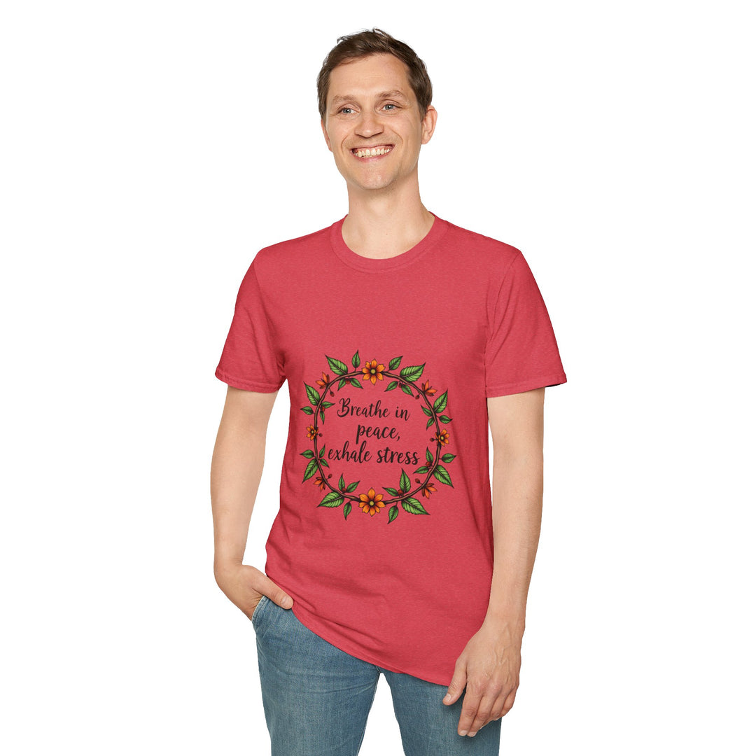 A colorful floral garland t-shirt with the phrase Breathe in Peace Exhale Stress printed on it, creating a calming and serene vibe