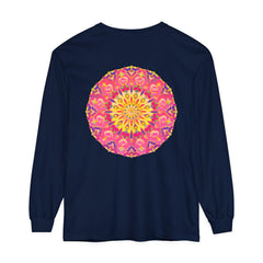Colorful, intricately designed long sleeve t-shirt with vibrant mandala pattern for men and women