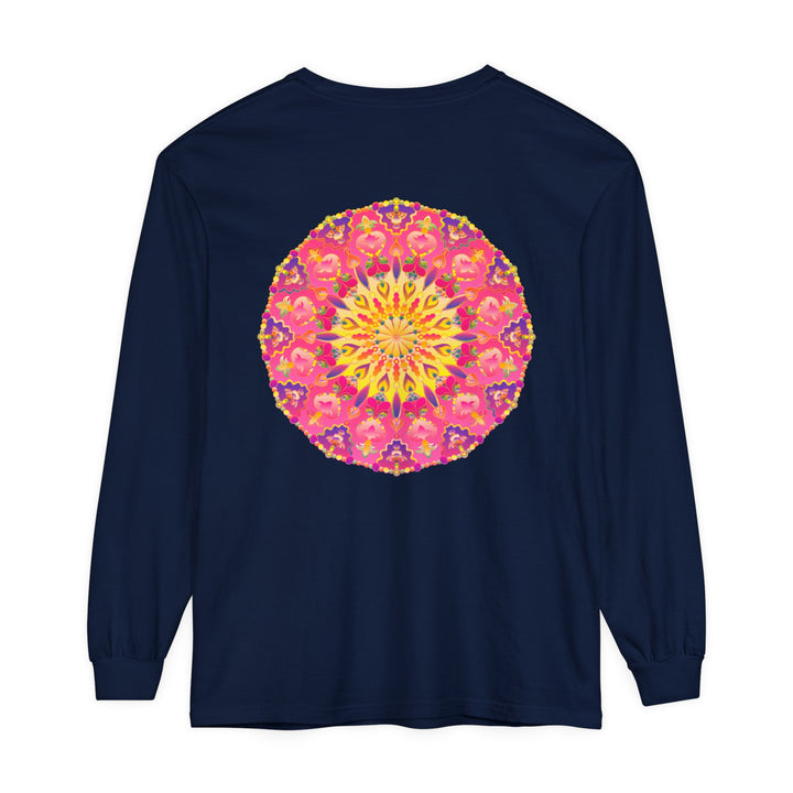 Colorful, intricately designed long sleeve t-shirt with vibrant mandala pattern for men and women