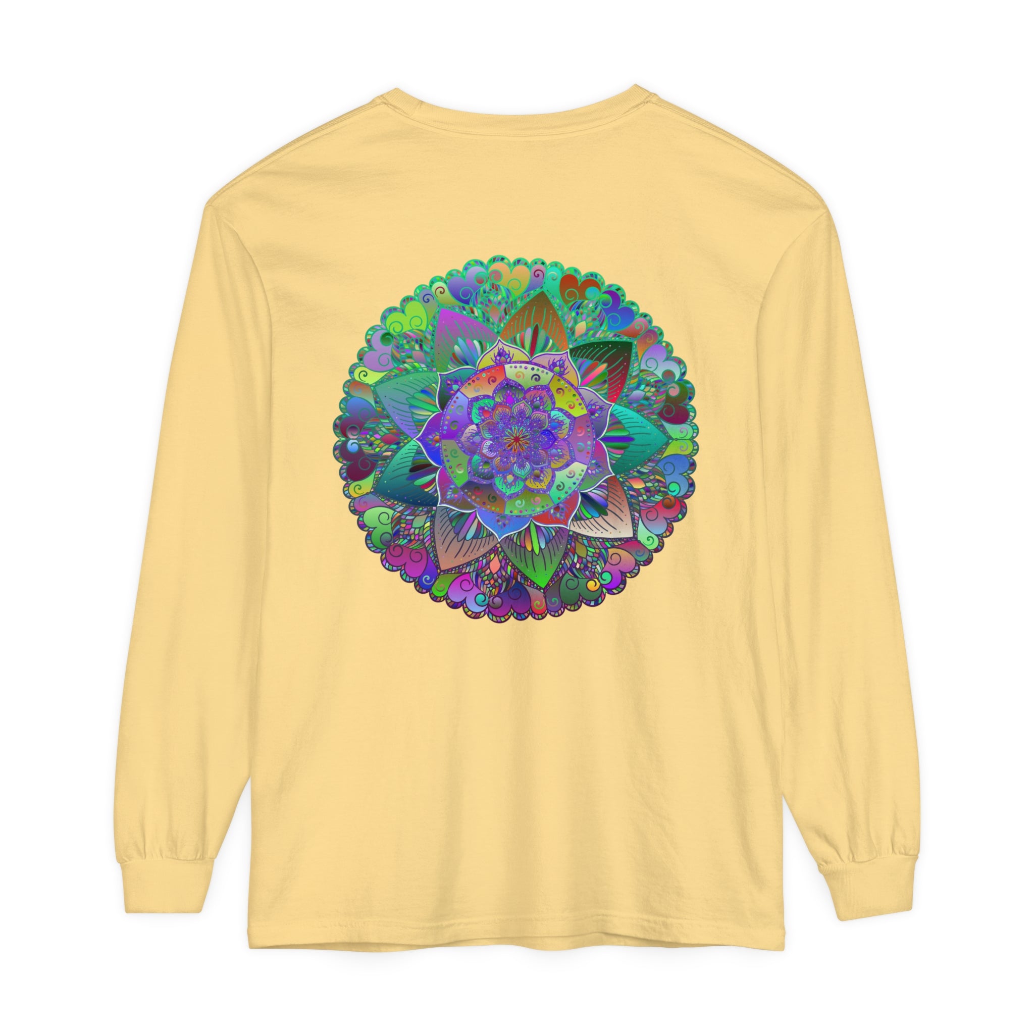 Colorful, intricate mandala design long sleeve t-shirt suitable for both men and women