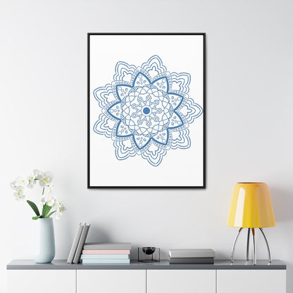 Beautiful handmade steel blue Mandala Design Wall Art on gallery canvas wraps, displayed in a vertical frame