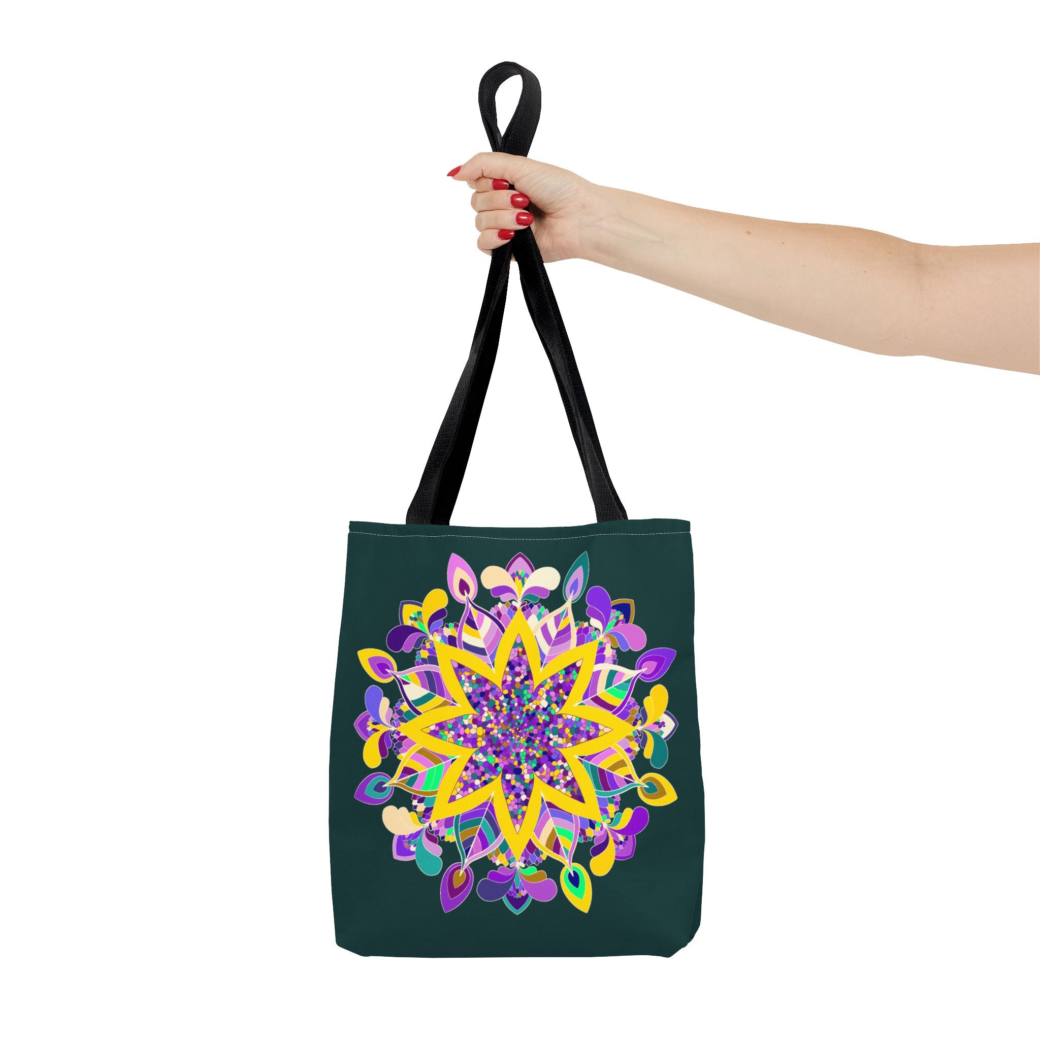 Colorful mandala tote bag in dark green featuring zen girl design by Blululi, perfect for carrying all your essentials in style