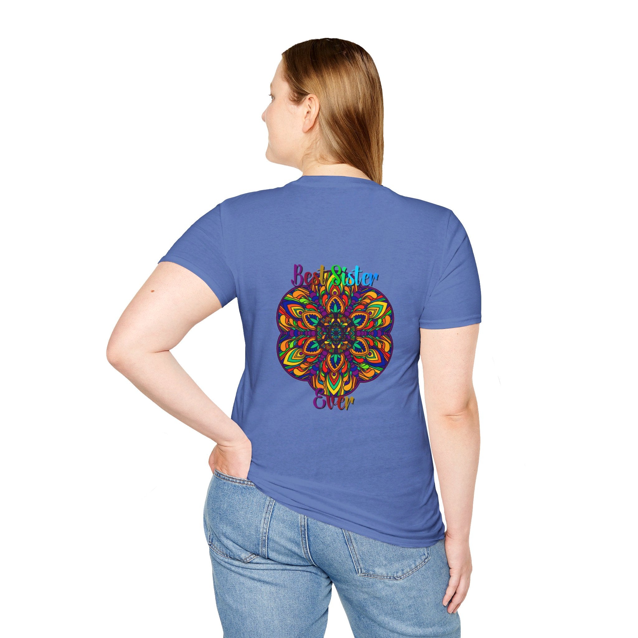 Colorful, intricate mandala art design on a softstyle unisex t-shirt, perfect as a unique and thoughtful gift for a sister