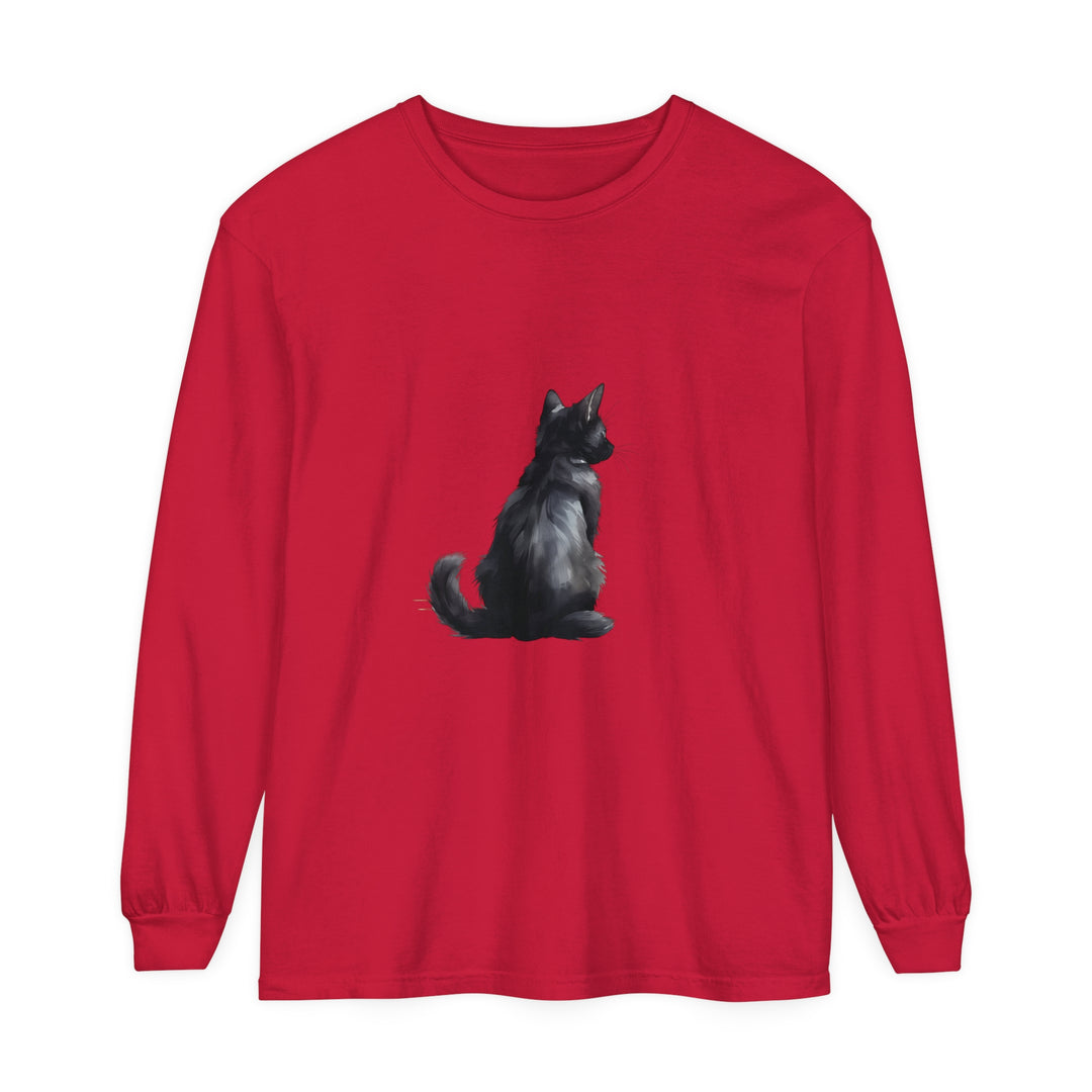 Black Cat Mystery unisex long sleeve tee with black cat graphic design, perfect for a casual and comfortable look