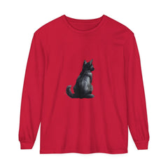 Black Cat Mystery unisex long sleeve tee with black cat graphic design, perfect for a casual and comfortable look