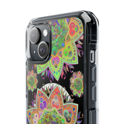 Protective iPhone 14/15 case with intricate mandala design and MagSafe® compatibility