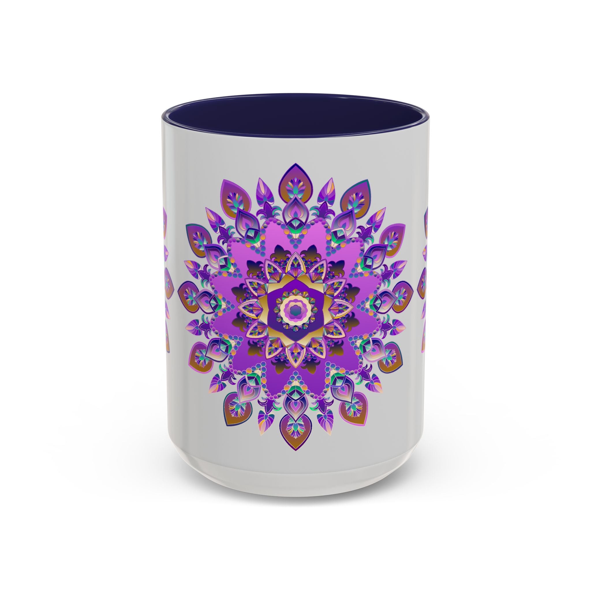  Charming cup showcasing a hand-painted purple and gold mandala design 