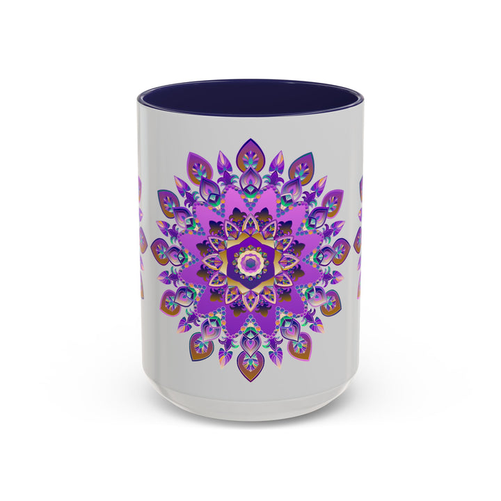  Charming cup showcasing a hand-painted purple and gold mandala design 