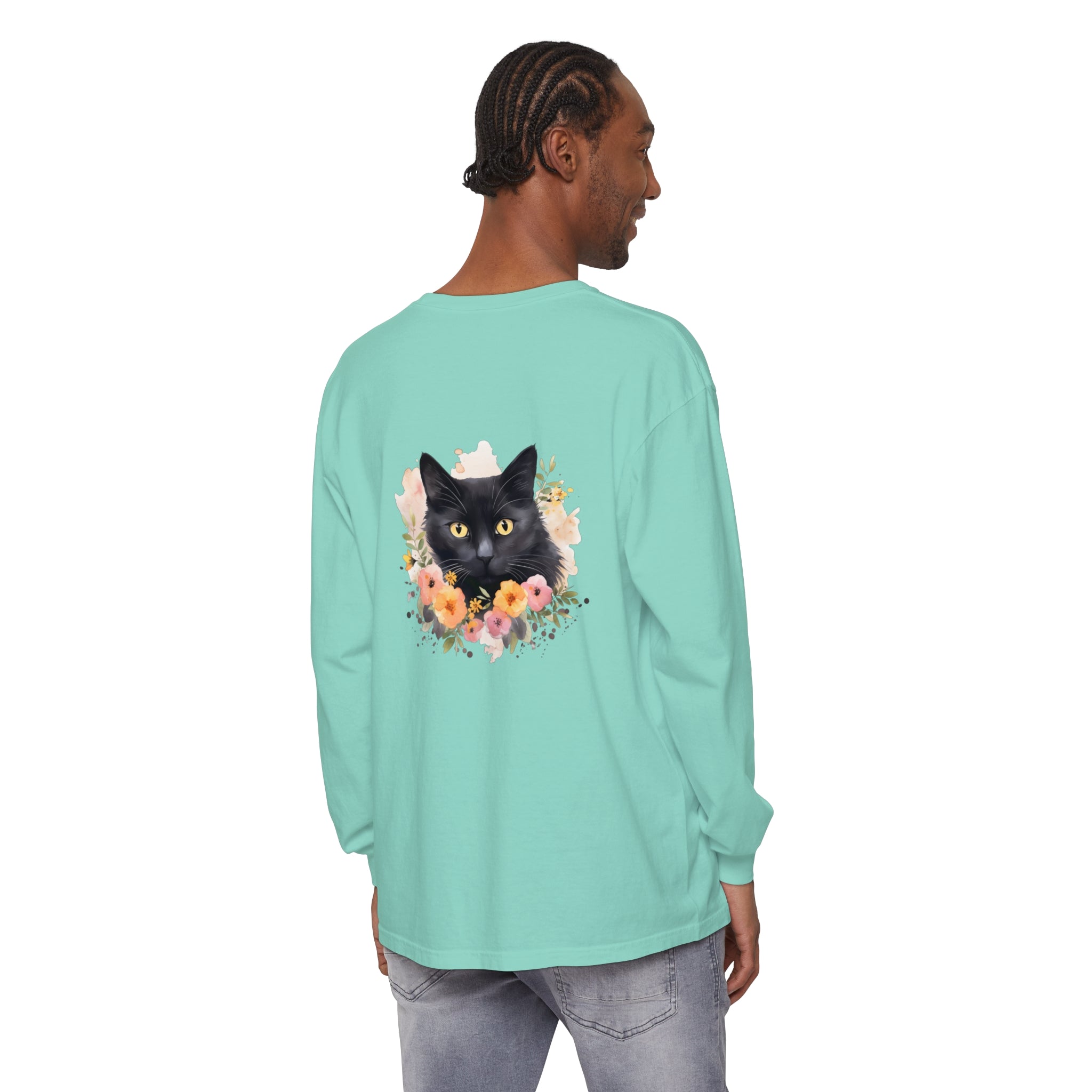 Beautiful black cat floral portrait unisex t-shirt with intricate design