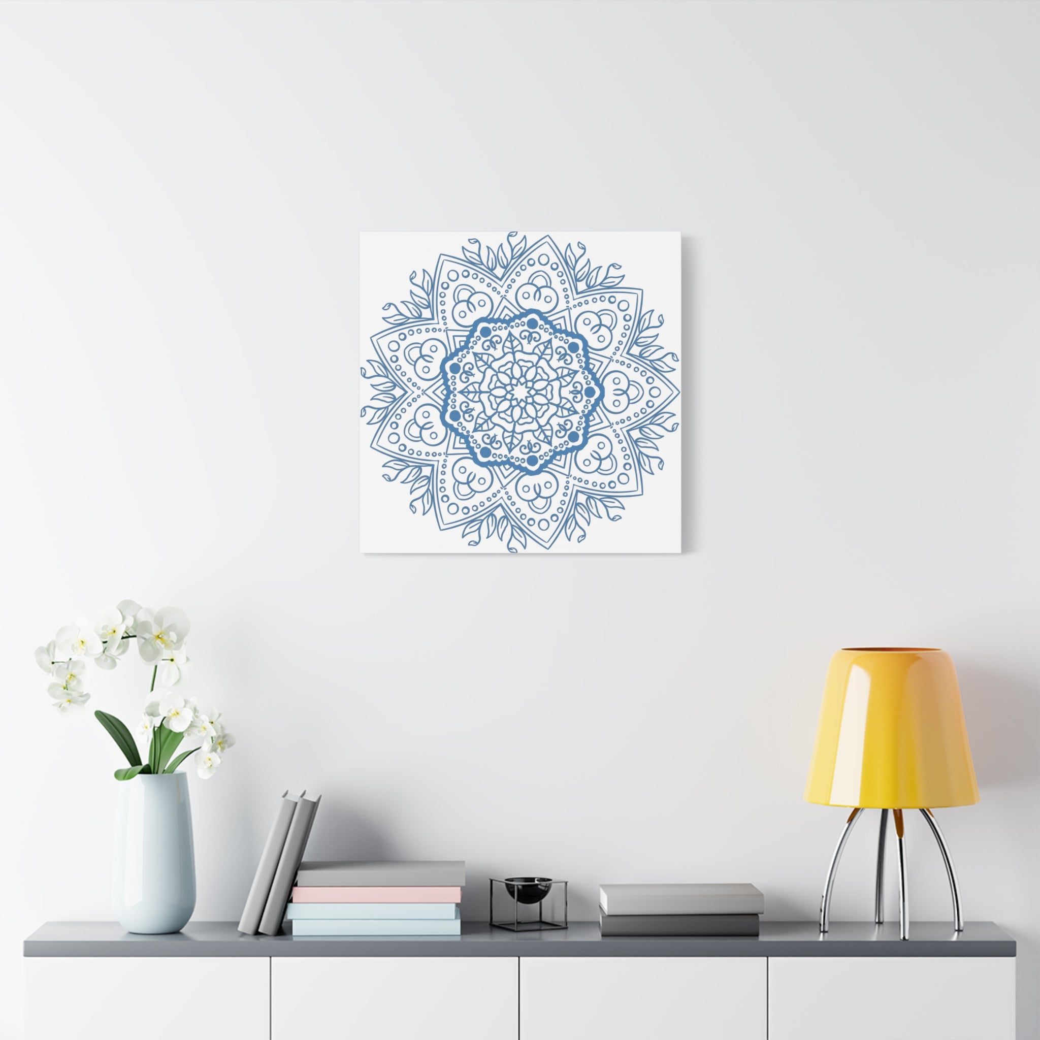 Handmade steel blue mandala design wall art on matte canvas, stretched, 125 inches