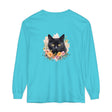 A close-up image of a black cat floral portrait printed on a unisex T-shirt