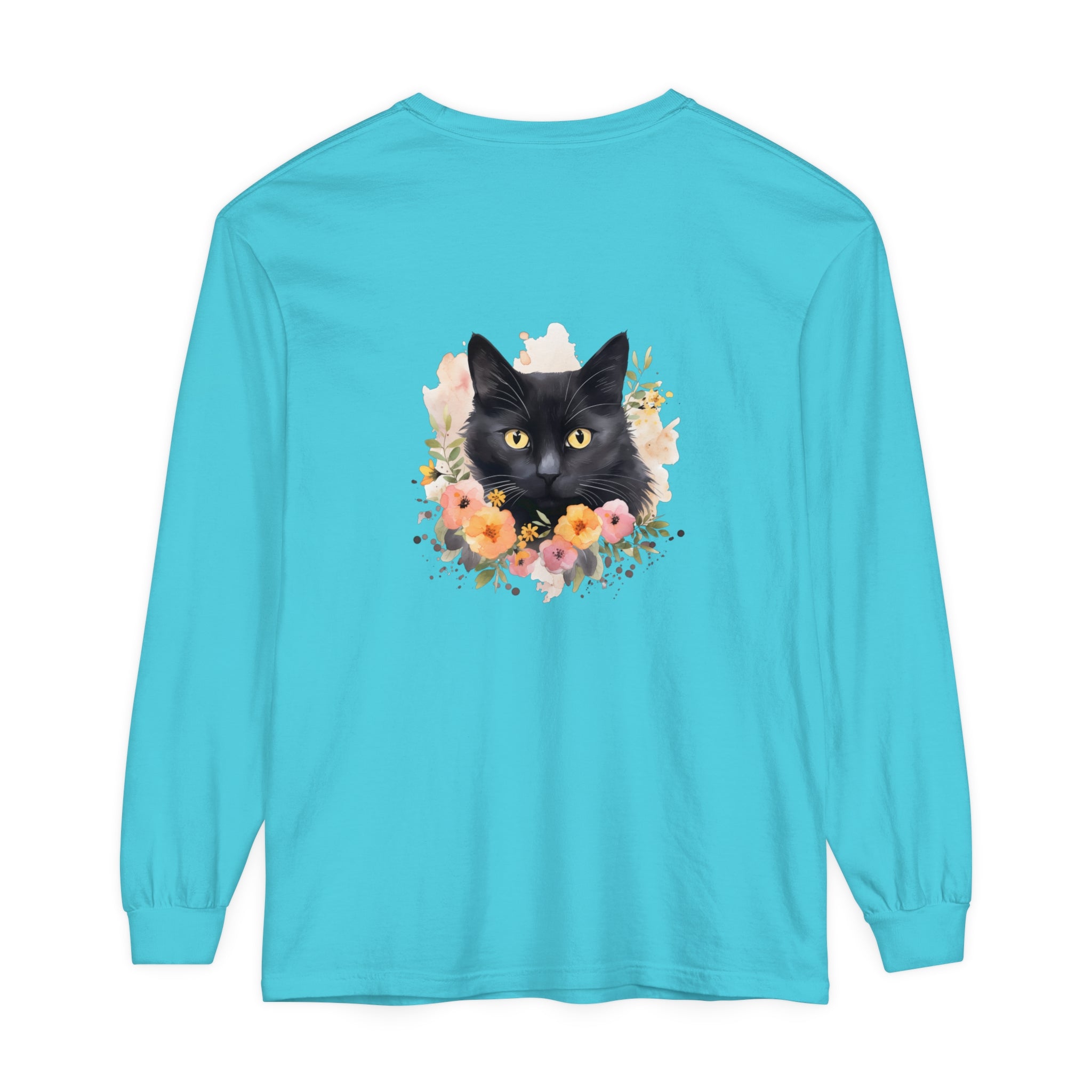 A close-up image of a black cat floral portrait printed on a unisex T-shirt