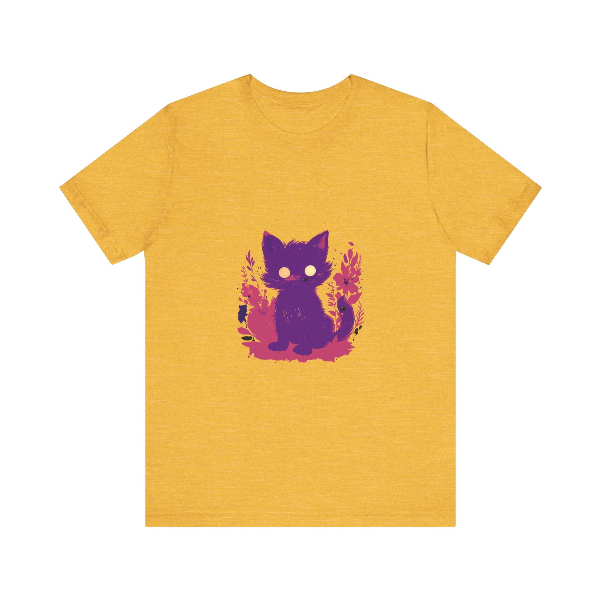 Vibrant purple t-shirt featuring a whimsical design of a mysterious cat