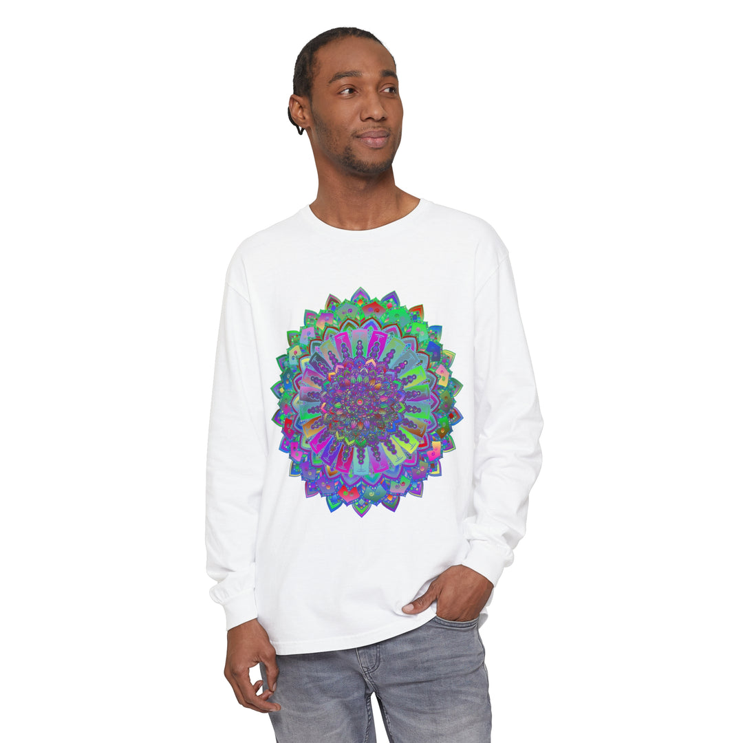 Colorful and intricate mandala design featured on a long sleeve t-shirt