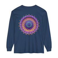 A detailed and colorful mandala design adorns this comfortable unisex long sleeve t-shirt