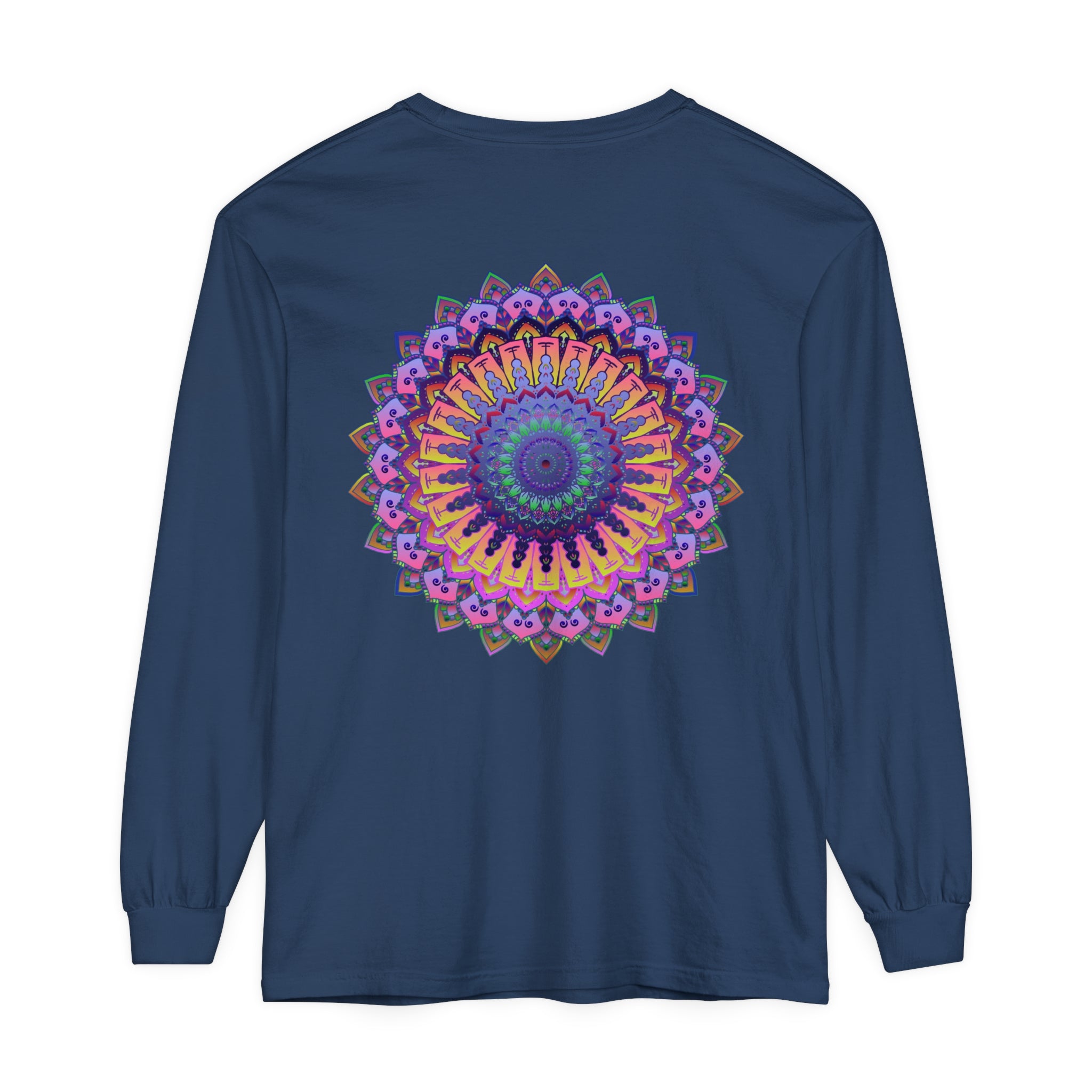 A detailed and colorful mandala design adorns this comfortable unisex long sleeve t-shirt