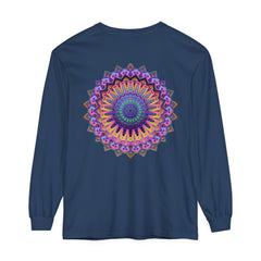 A detailed and colorful mandala design adorns this comfortable unisex long sleeve t-shirt