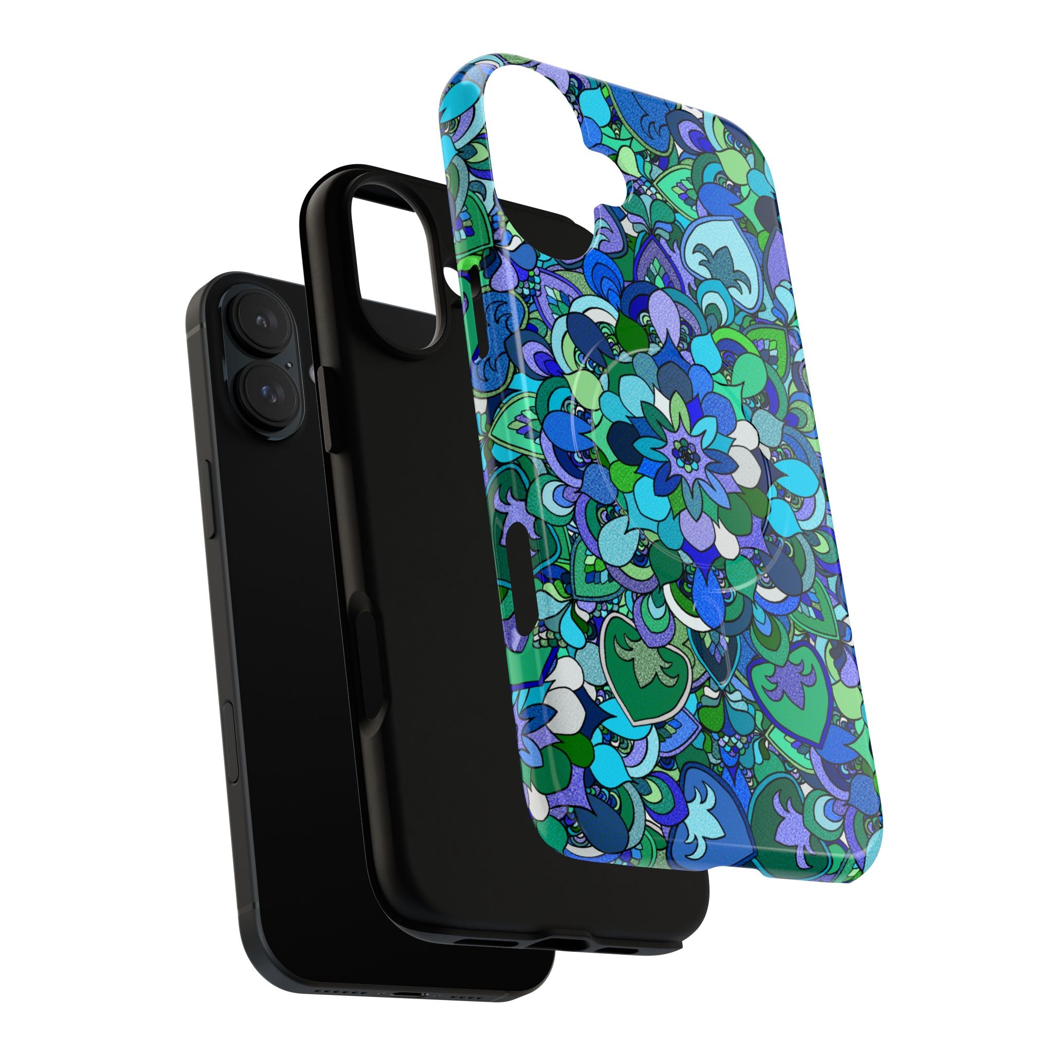 Cover Rigida Magnetica per Telefono con Mandala Floreale — Motivo Blu Verde