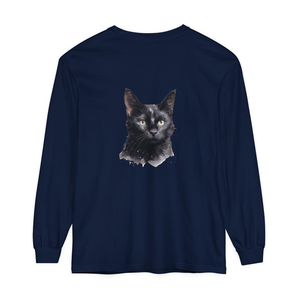 Black Cat Watercolor Unisex Long Sleeve T-Shirt featuring a vibrant, hand-painted cat design