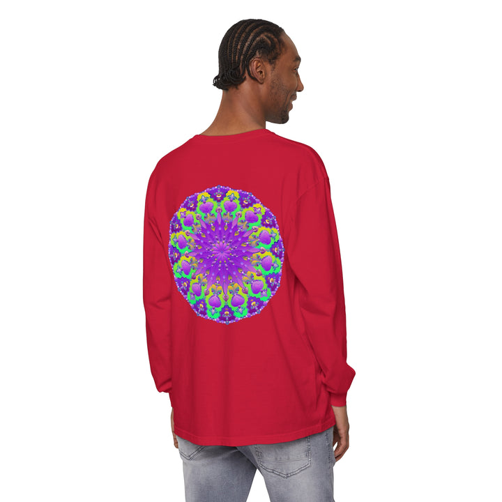 Vibrant purple and green mandala long sleeve t-shirt with intricate design