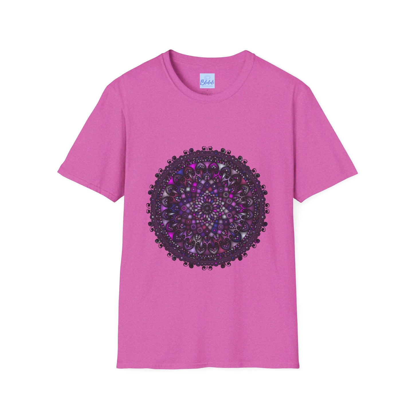 Softstyle T-Shirt with hand-drawn purple mandala art design for unisex fit