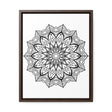 Handcrafted mandala artwork in black and white, displayed on gallery canvas wraps in a vertical frame