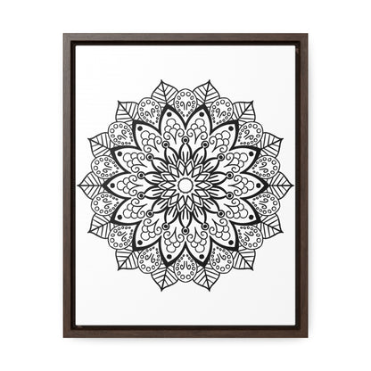 Handcrafted mandala artwork in black and white, displayed on gallery canvas wraps in a vertical frame