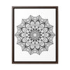 Handcrafted mandala artwork in black and white, displayed on gallery canvas wraps in a vertical frame