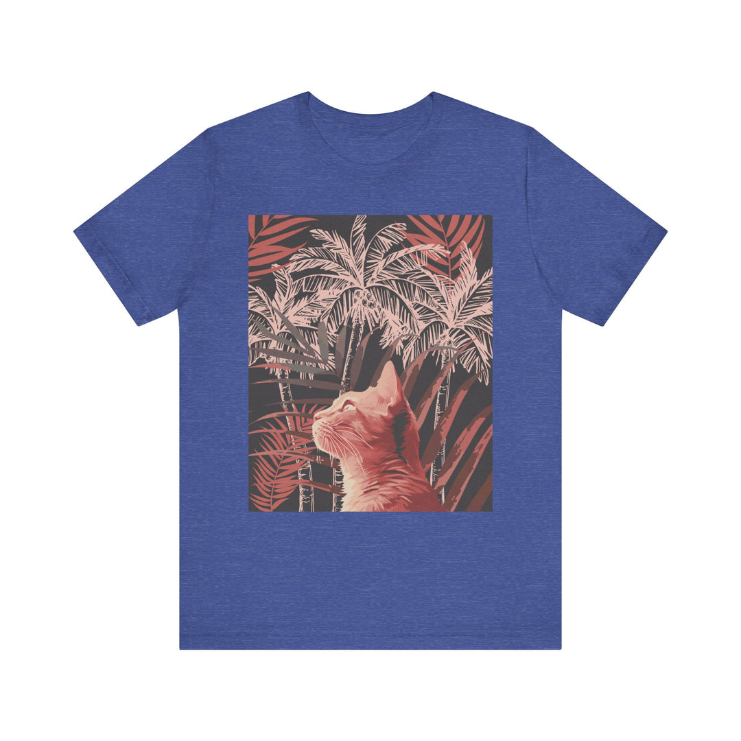 Graphic tee featuring an adorable ginger cat lounging under a palm tree