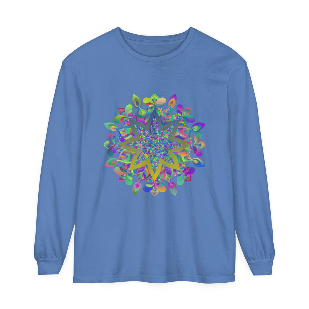 Vibrant and intricate mandala design on a unisex long sleeve t-shirt