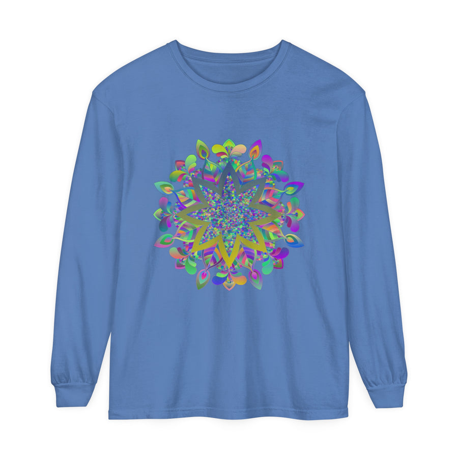 Vibrant and intricate mandala design on a unisex long sleeve t-shirt