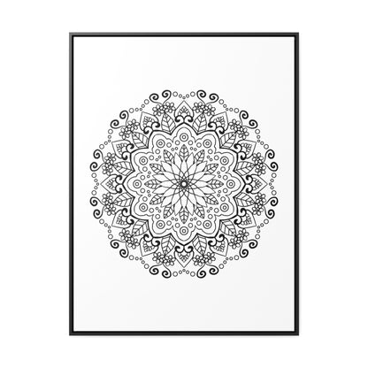 Beautiful mandala handmade art in black and white, displayed on gallery canvas wraps in a vertical frame