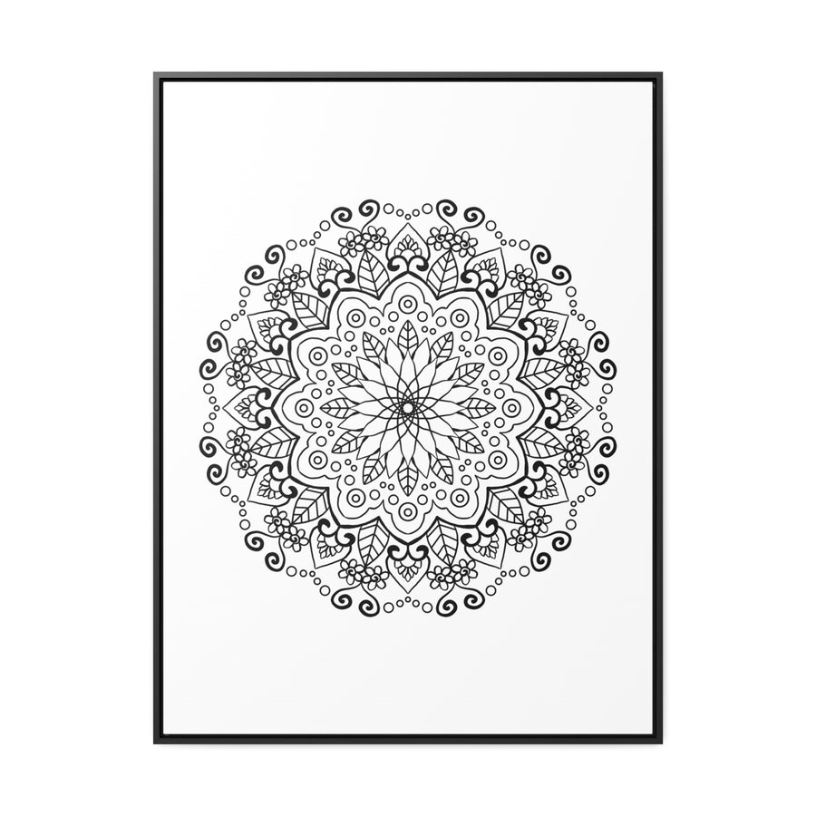 Beautiful mandala handmade art in black and white, displayed on gallery canvas wraps in a vertical frame